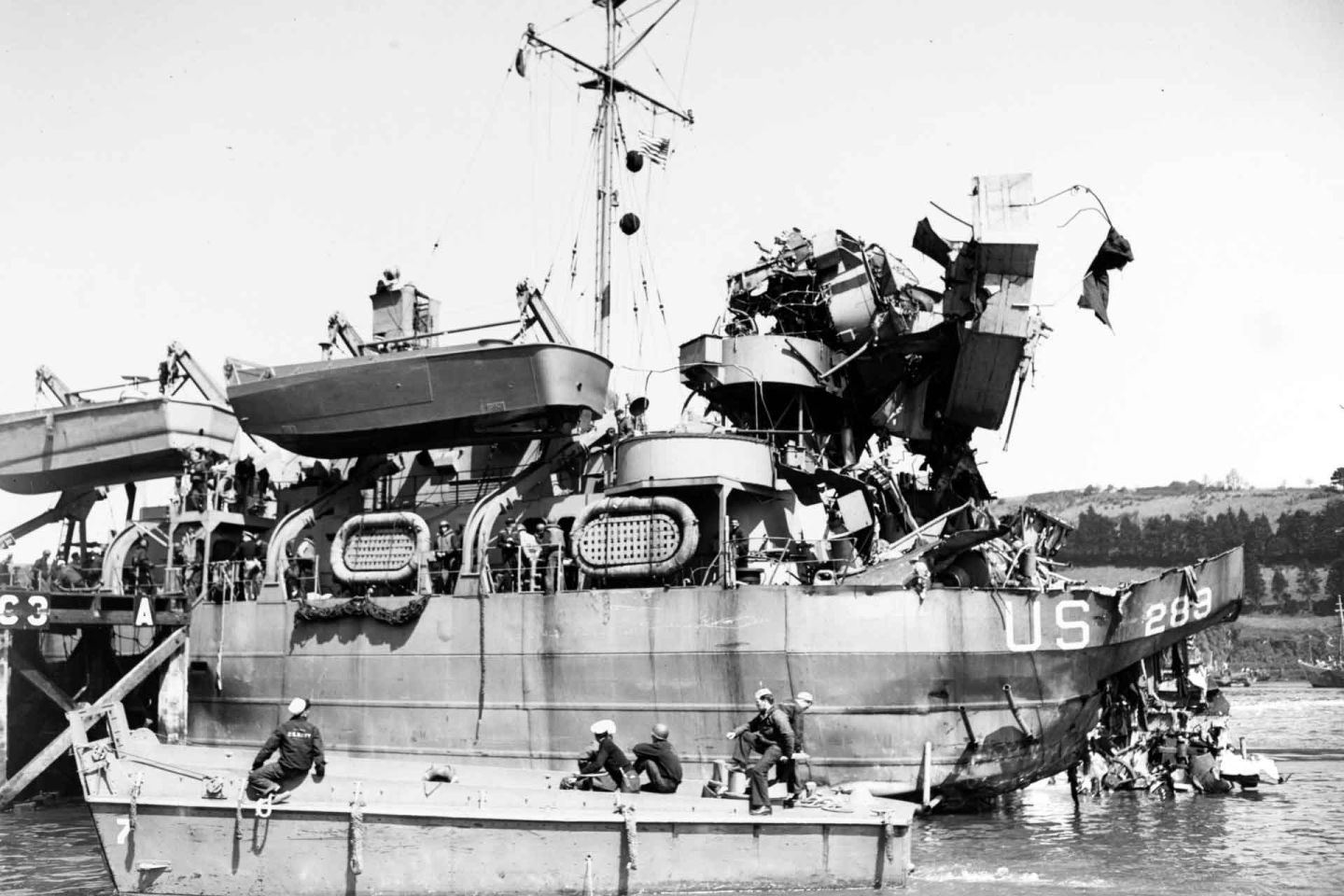 USS LST289
Docks at Dartmouth, England, After being torpedoed by German MTB's during invasion rehearsal operations off Slapton Sands.