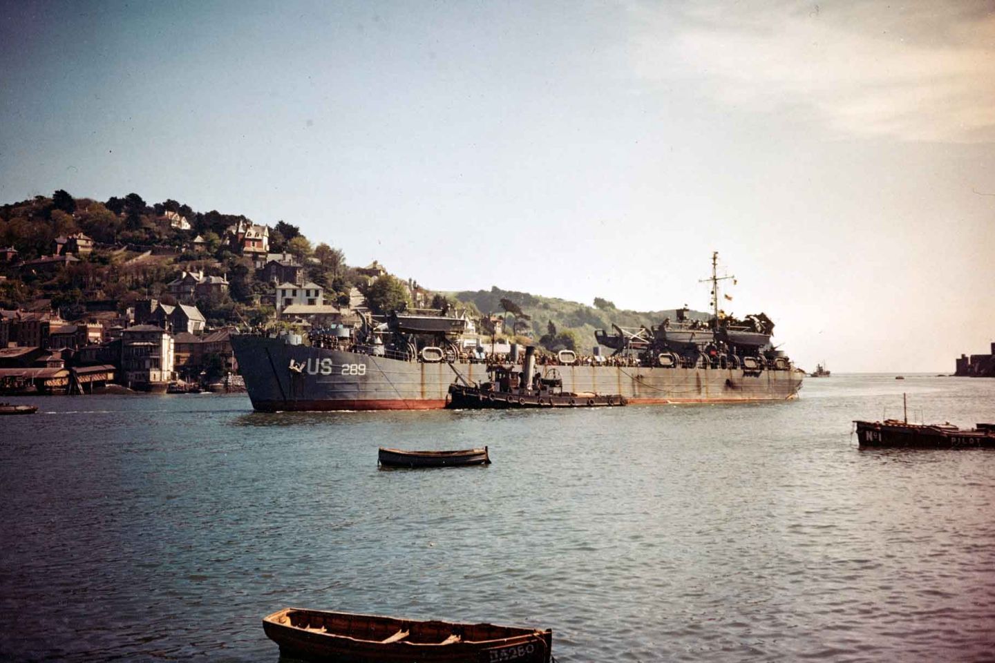 USS LST289 arrives in Dartmouth Harbor, England, after being torpedoed by German MTBs