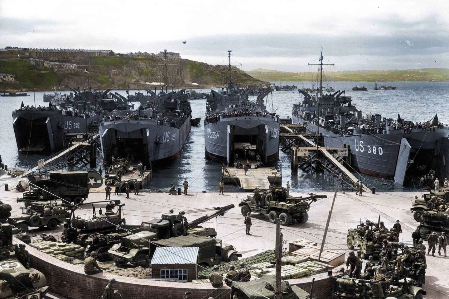 From right to left; USS LST-380, USS LST-284, USS LST-499, and USS LST-382 at Brixham Harbour, England, 1 June 1944,