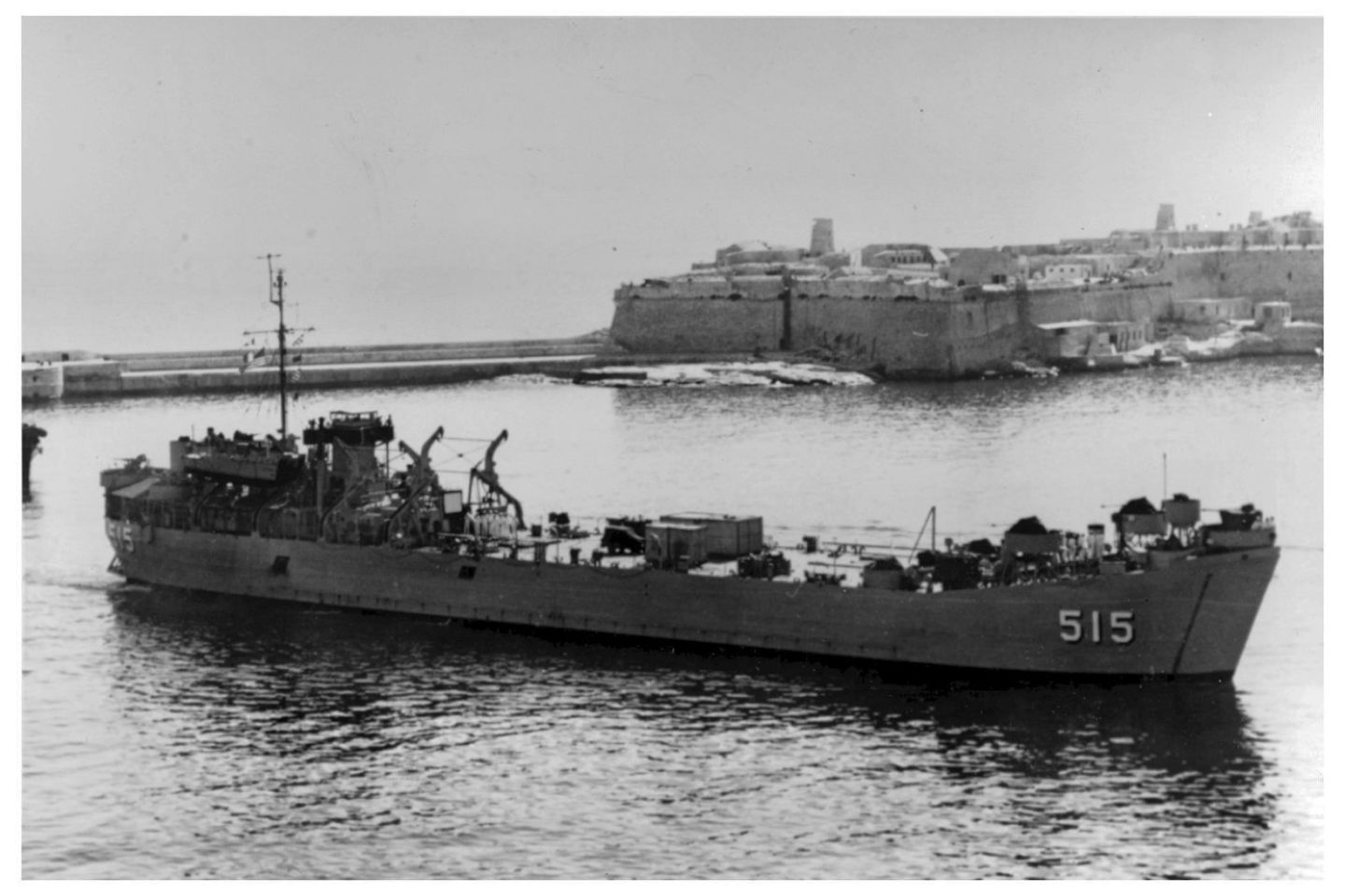 USS Caddo Parish (LST515) entering Grand Harbor, Malta.