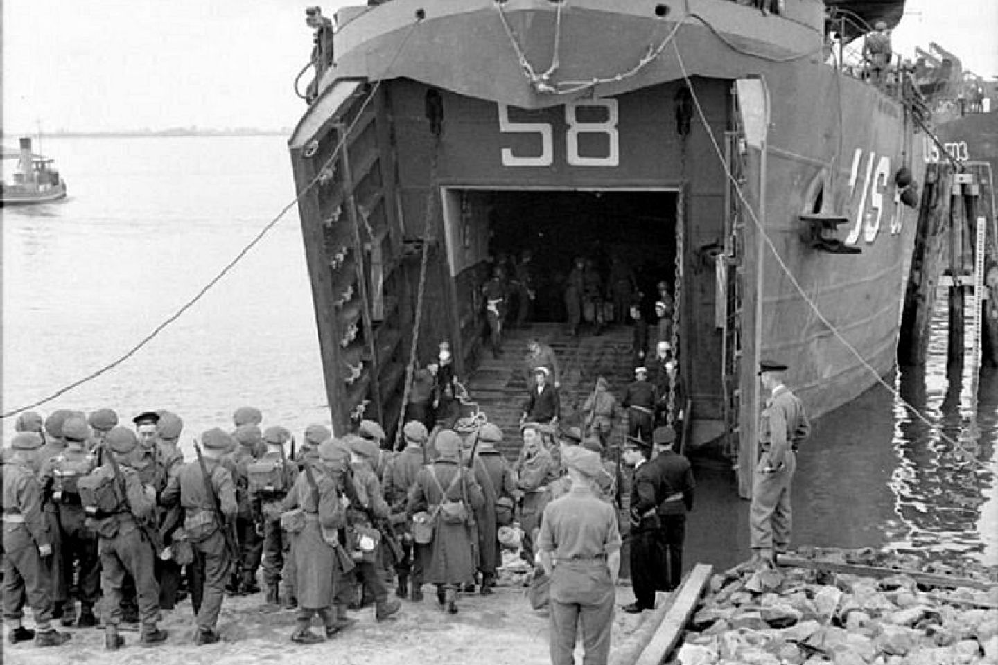 British troops boarding USS LST-58.