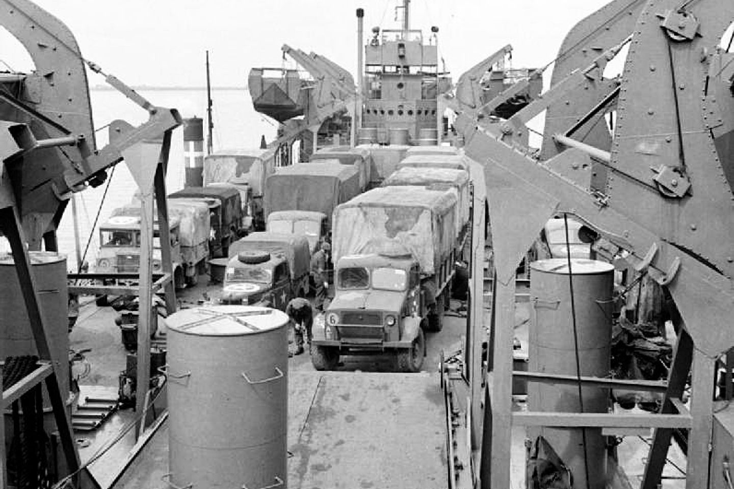 British Army lorries packed onto the upper deck of USS LST-58.