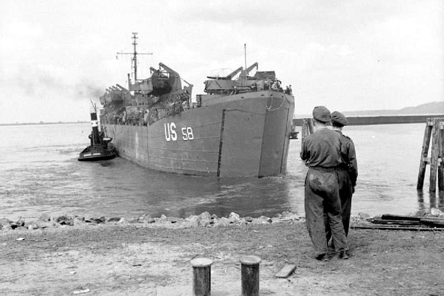 USS LST-58 retracts from the hards in the port of Hamburg.