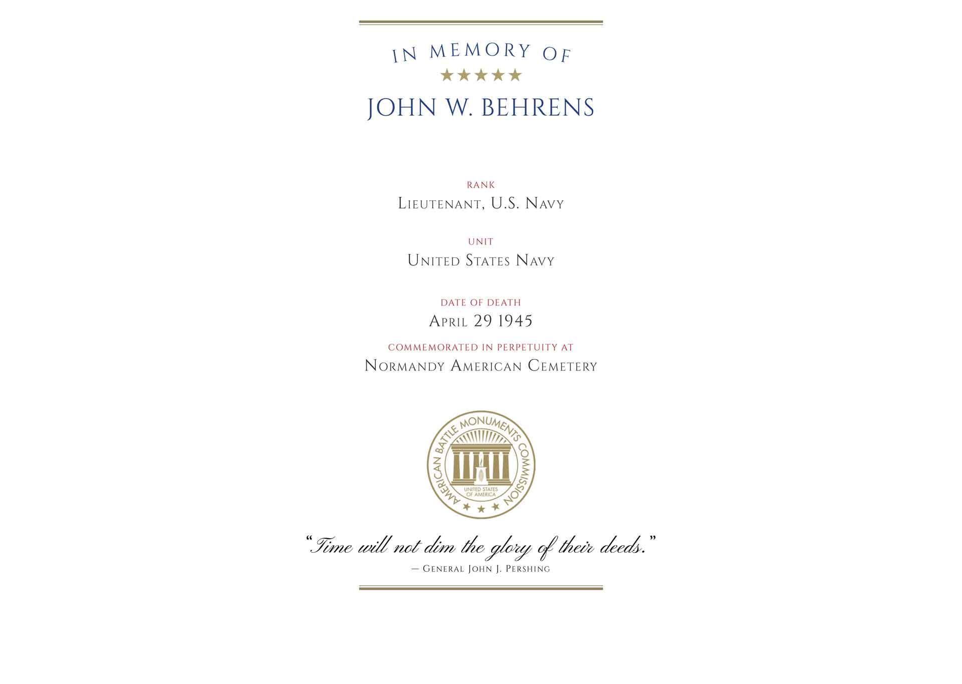 Lieutenant John W. Behrens,'s ABMC Memorial Certificate.