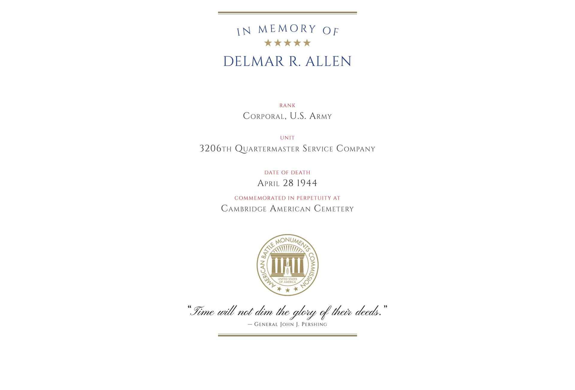 Corporal Delmar Richard Allen, ABMC Memorial Certificate.