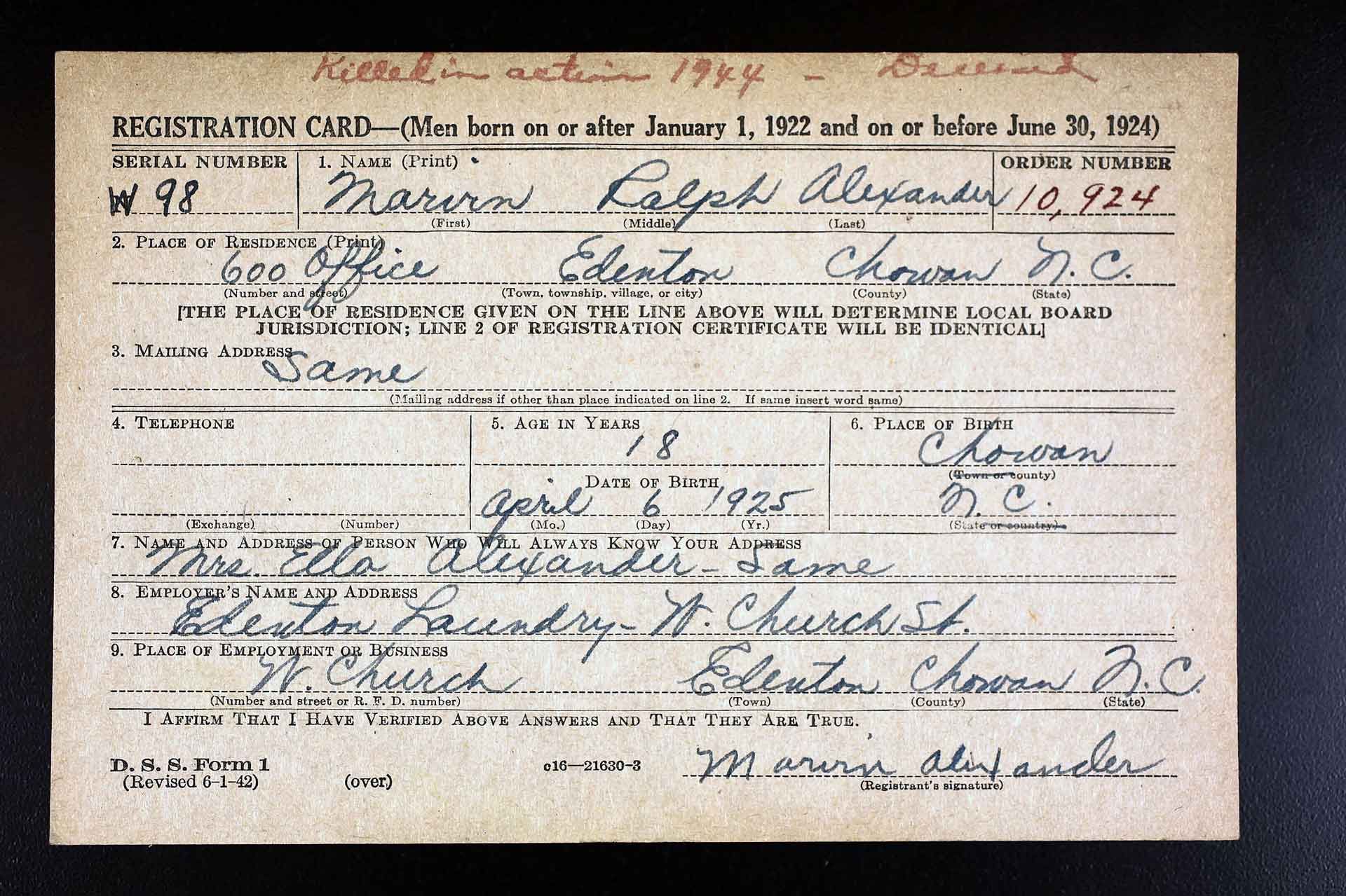 Marvin Ralph Alexander's Registration Card image.