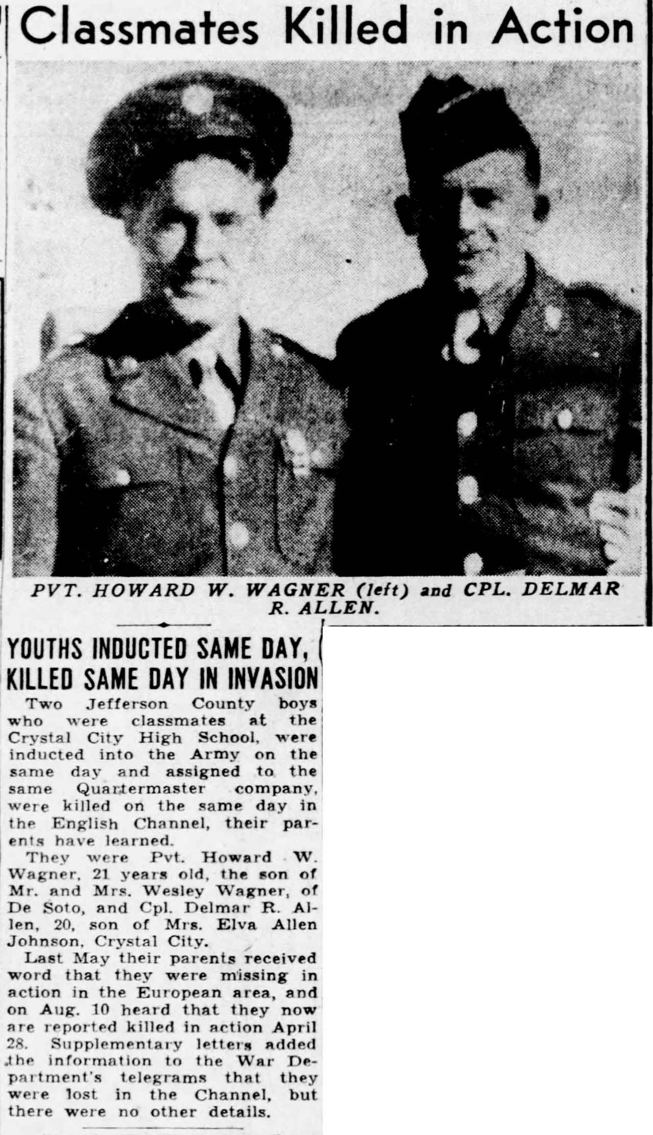 Newspaper clipping with picture about school friends Howard W. Wagner and Corporal Delmar R. Allen.