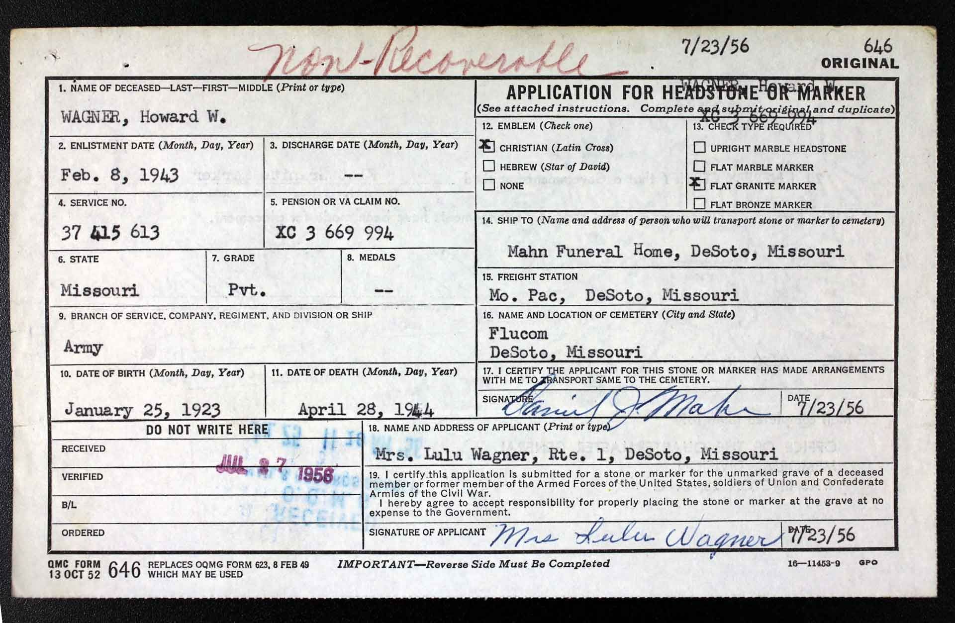 Headstone application for Pat. Howard W. Wagner.