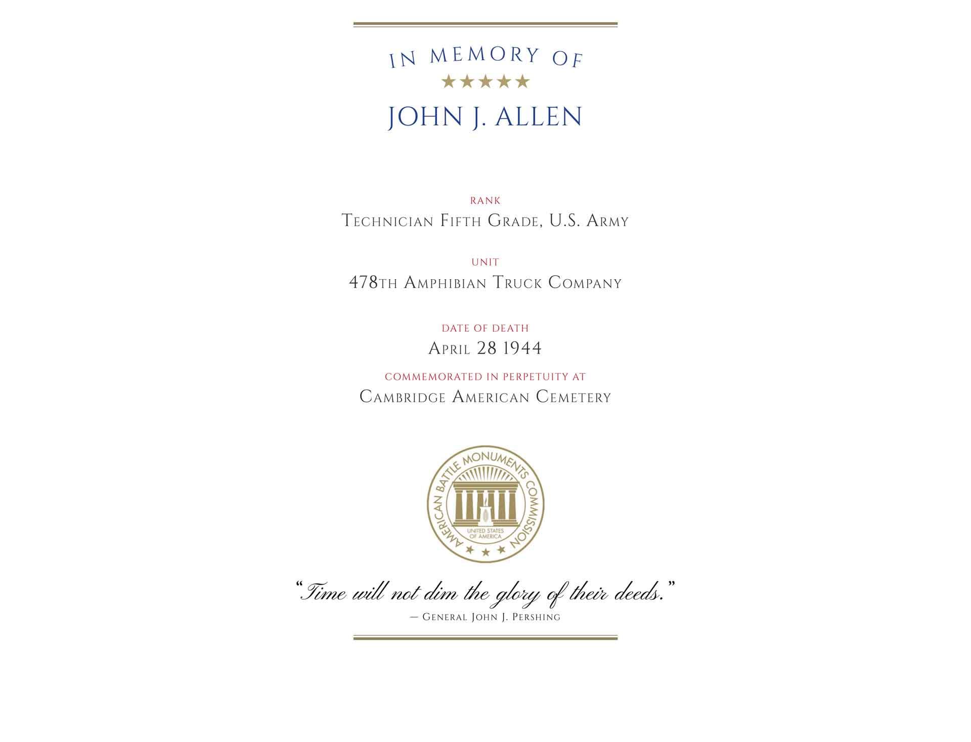 Technician Fifth Class John J. Allen's ABMC Memorial Certificate.