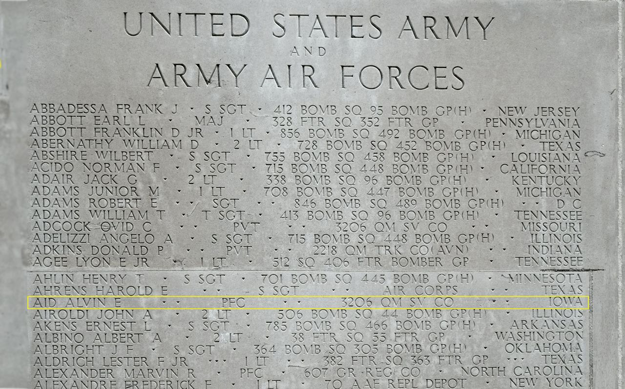 Pfc Alvin Eldred Aid is commemorated on the Tablets of the Missing, Cambridge American Cemetery, Cambridge, United Kingdom