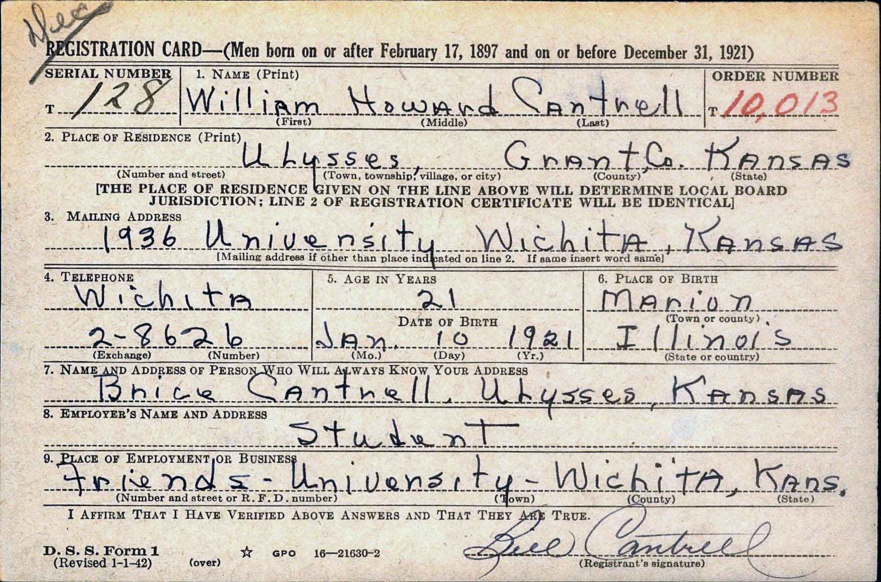 Ensign William H. Cantrell's Registration Card.