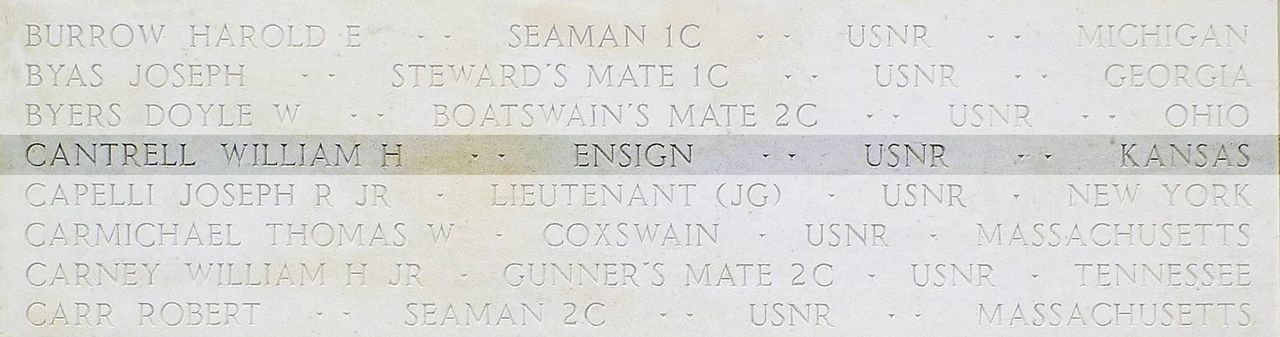Ensign William H. Cantrell memorial on the ABMC Tablets of the Missing at the Normandy American Cemetery and Memorial.