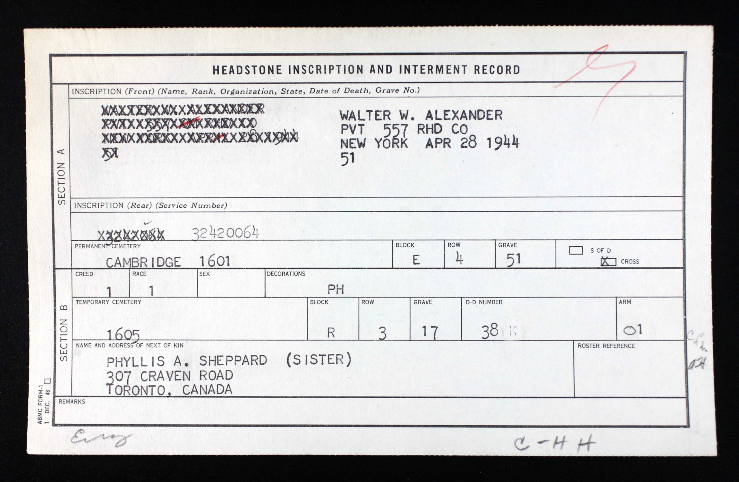 Pvt. Walter W. Alexander's Headstone Inscription and Interment Record.