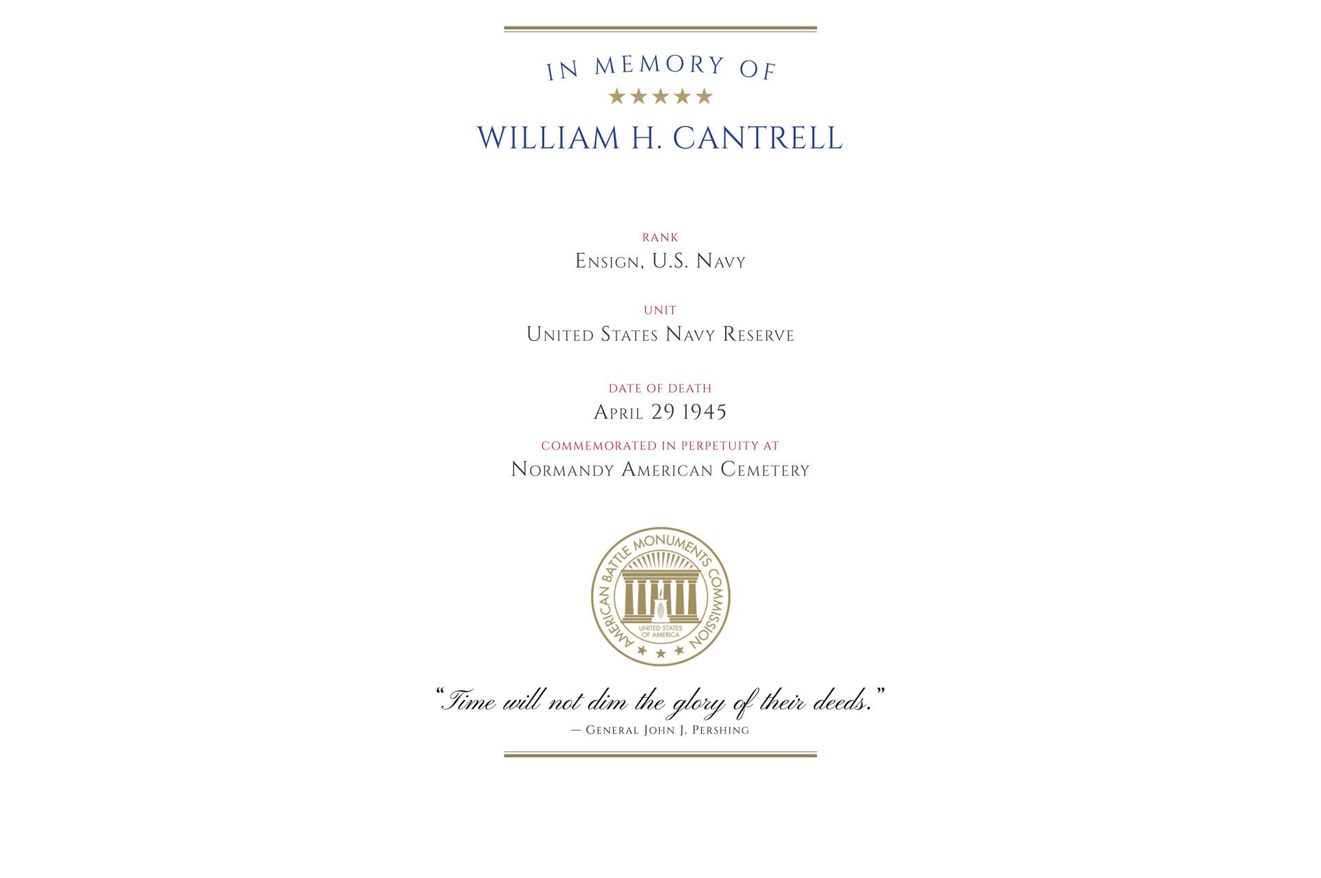Ensign William H. Cantrell's ABMC Memorial Certificate.