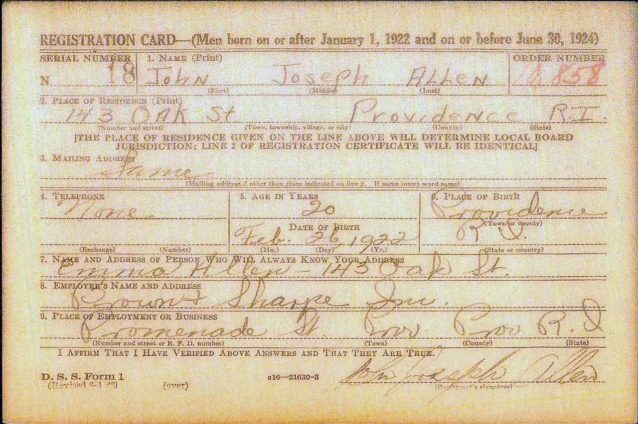 Technician Fifth Class John J Allen's Registration Card.