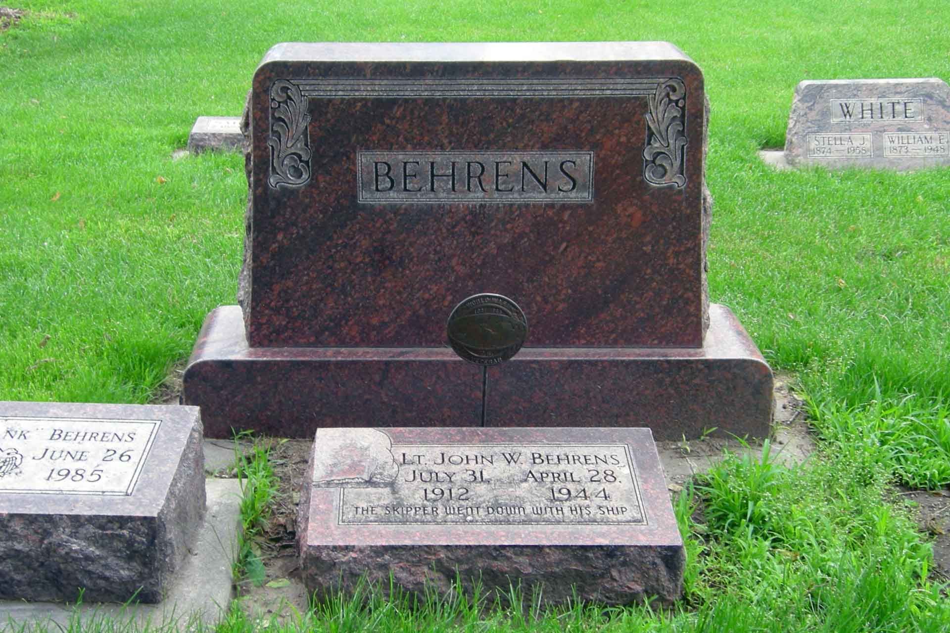 Lieutenant John William "Willy" Behrens memorial stone at Grand Island Cemetery
Grand Island, Hall County, Nebraska, USA