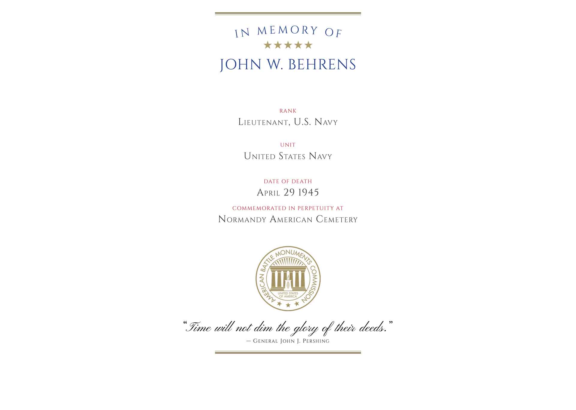 Lieutenant John W. Behrens,'s ABMC Memorial Certificate.