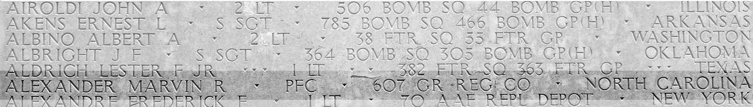 Image of Marvin Ralph Alexander's inscription on the Tablets of the Missing at the ABMC Cambridge American Cemetery, England.