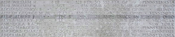 Image of Albert Franklin Alsip's inscription on the Tablets of the Missing at the ABMC Cambridge American Cemetery, England.