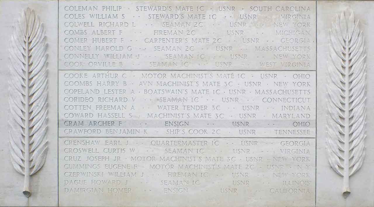 Ensign Archer Frederick Cram's memorial on the ABMC Tablets of the Missing at the Normandy American Cemetery and Memorial.