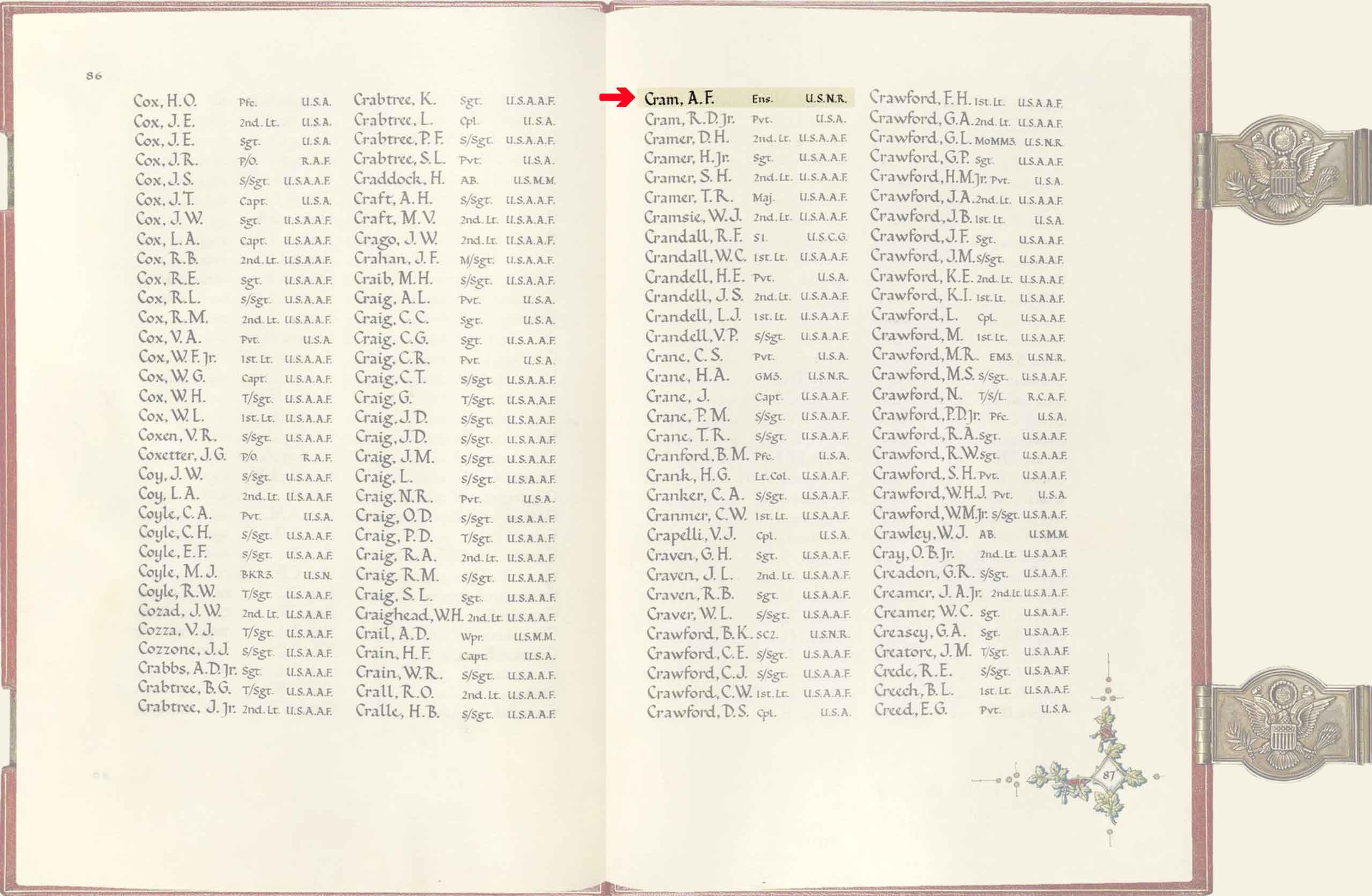 American Memorial Chapel Book entry for Ensign Archer Frederick Cram.