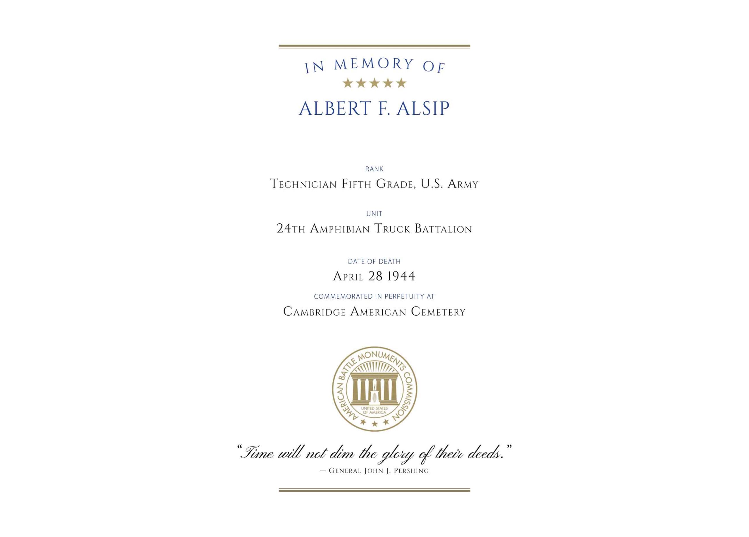 Albert Franklin Alsip's ABMC Memorial Certificate.