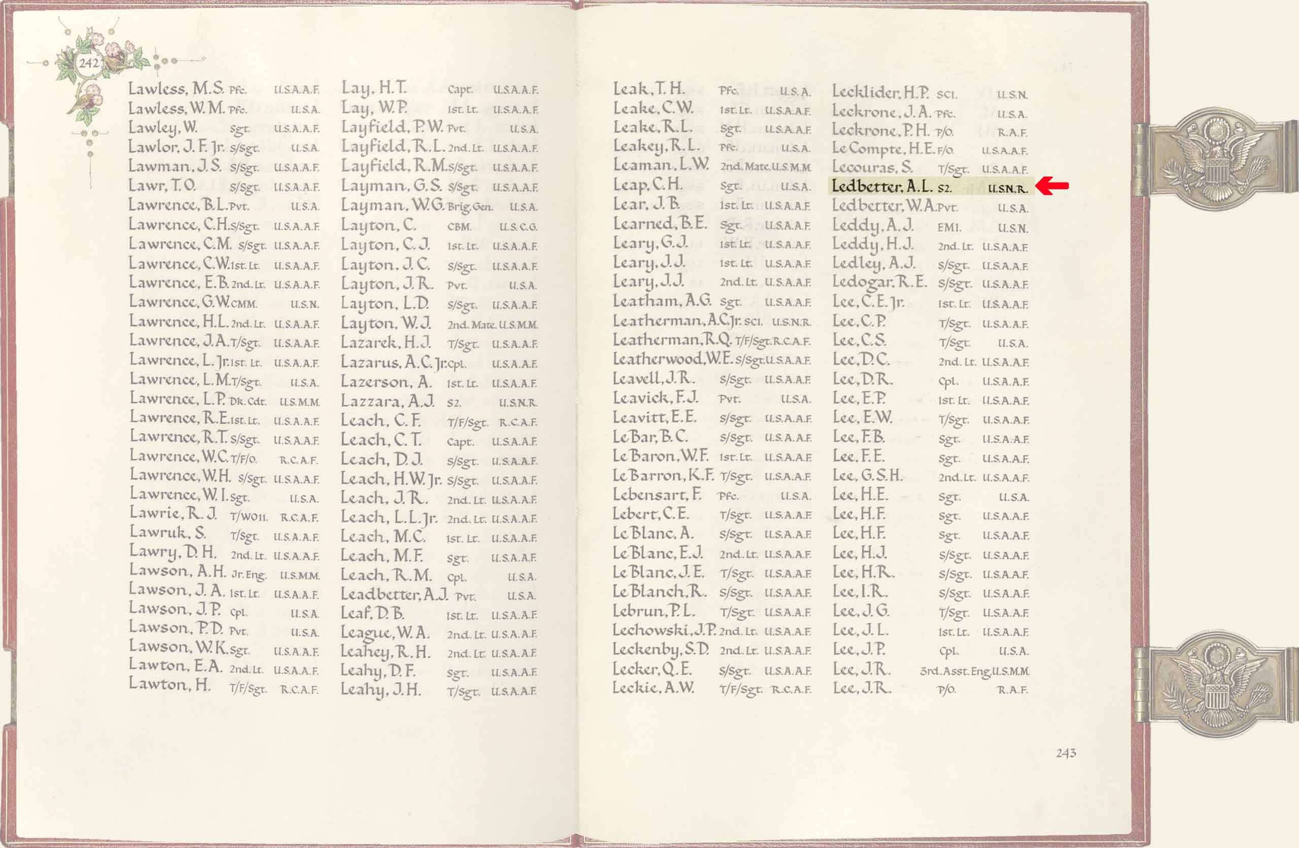 Image of the American Memorial Chapel Book entry for Alvin Lee Ledbetter.