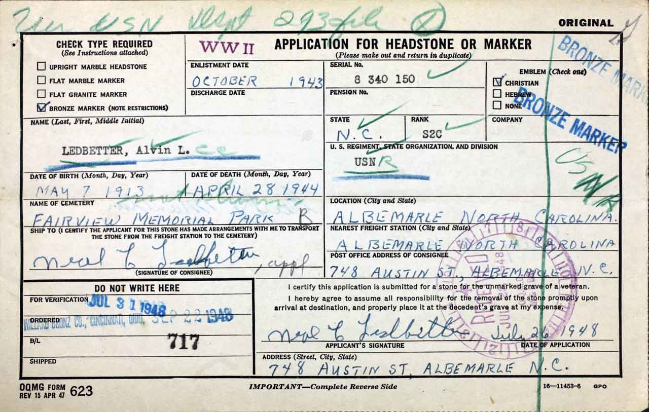 Headstone application card for Alvin Lee Ledbetter.