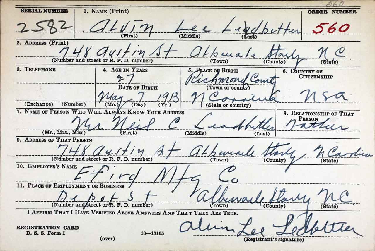 Alvin Lee Ledbetter's Enlistment Registration Card.