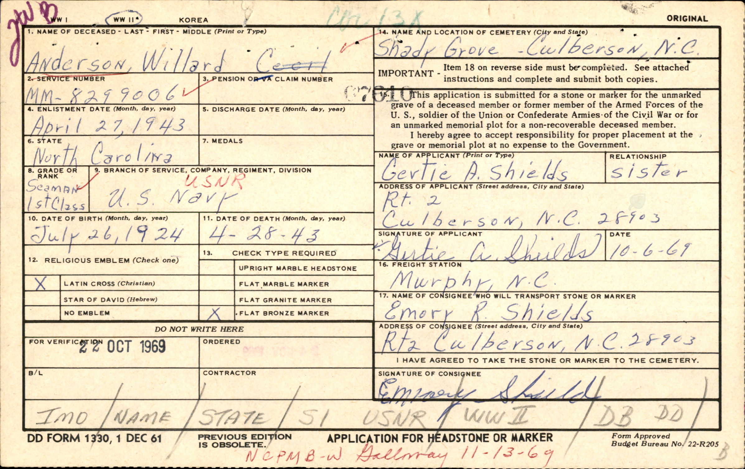Application for a cenotaph for Willard Anderson.