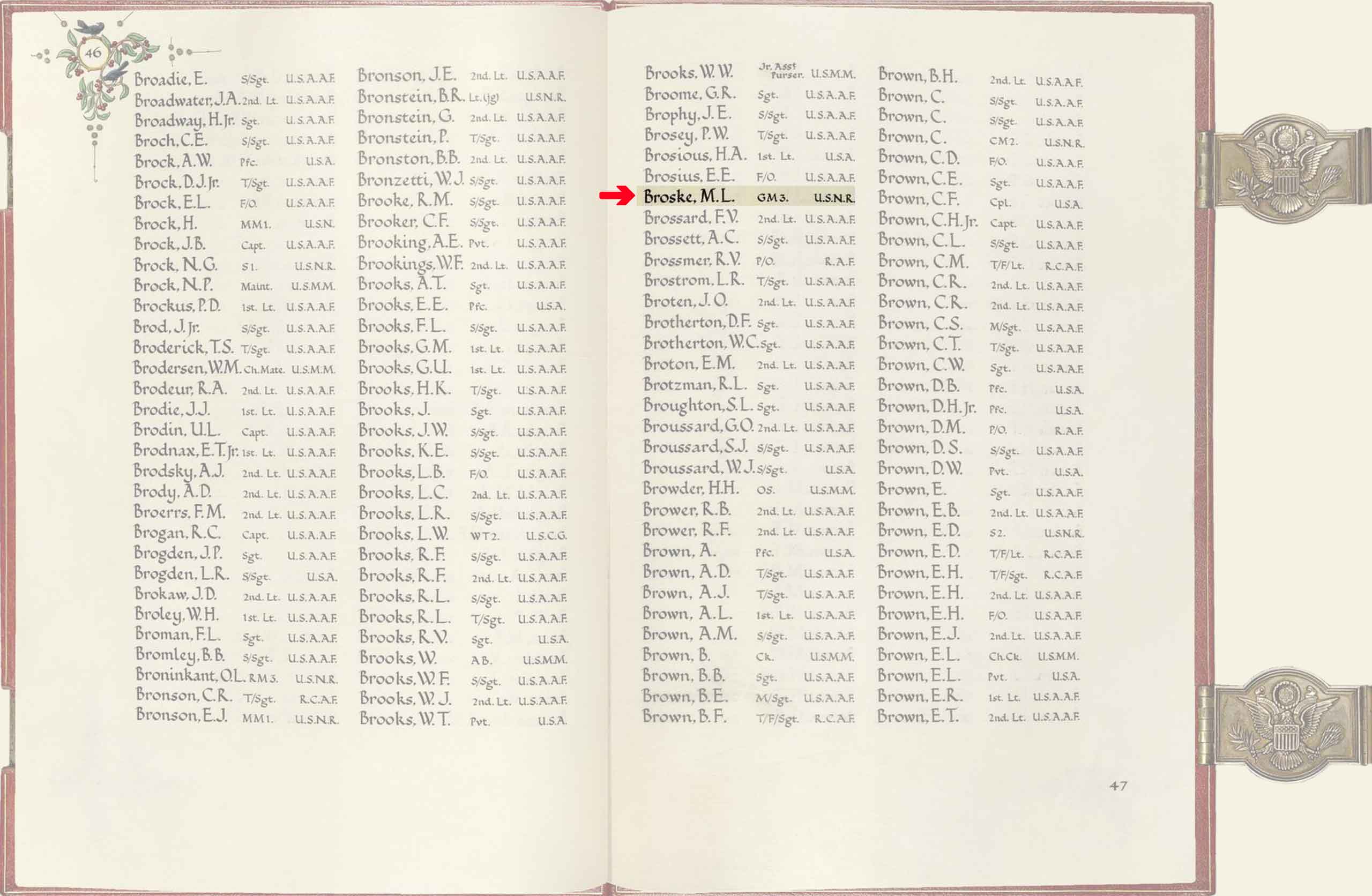 Image of the American Memorial Chapel Book entry for Mitchell Louis Broske.