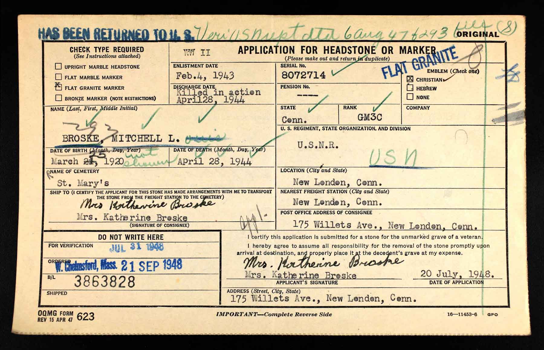 Headstone application for Mitchell Louis Broske's grave.