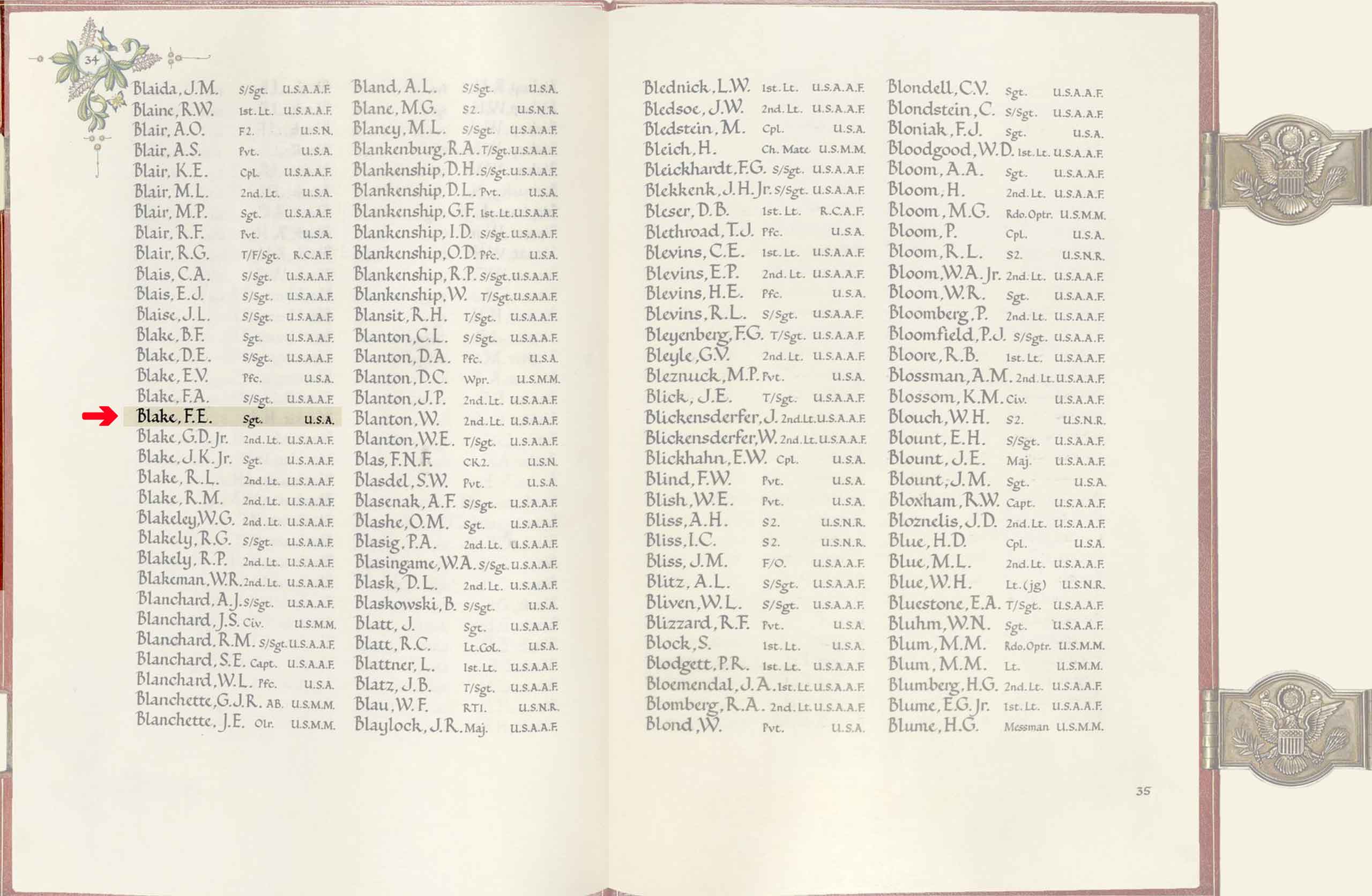 Image of the American Memorial Chapel Book entry for TEC4 Floyd Edward Blake.