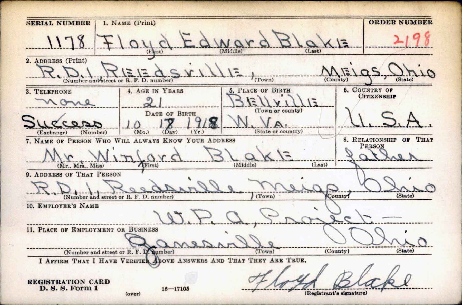 Floyd Edward Blake's Enlistment Registration Card.