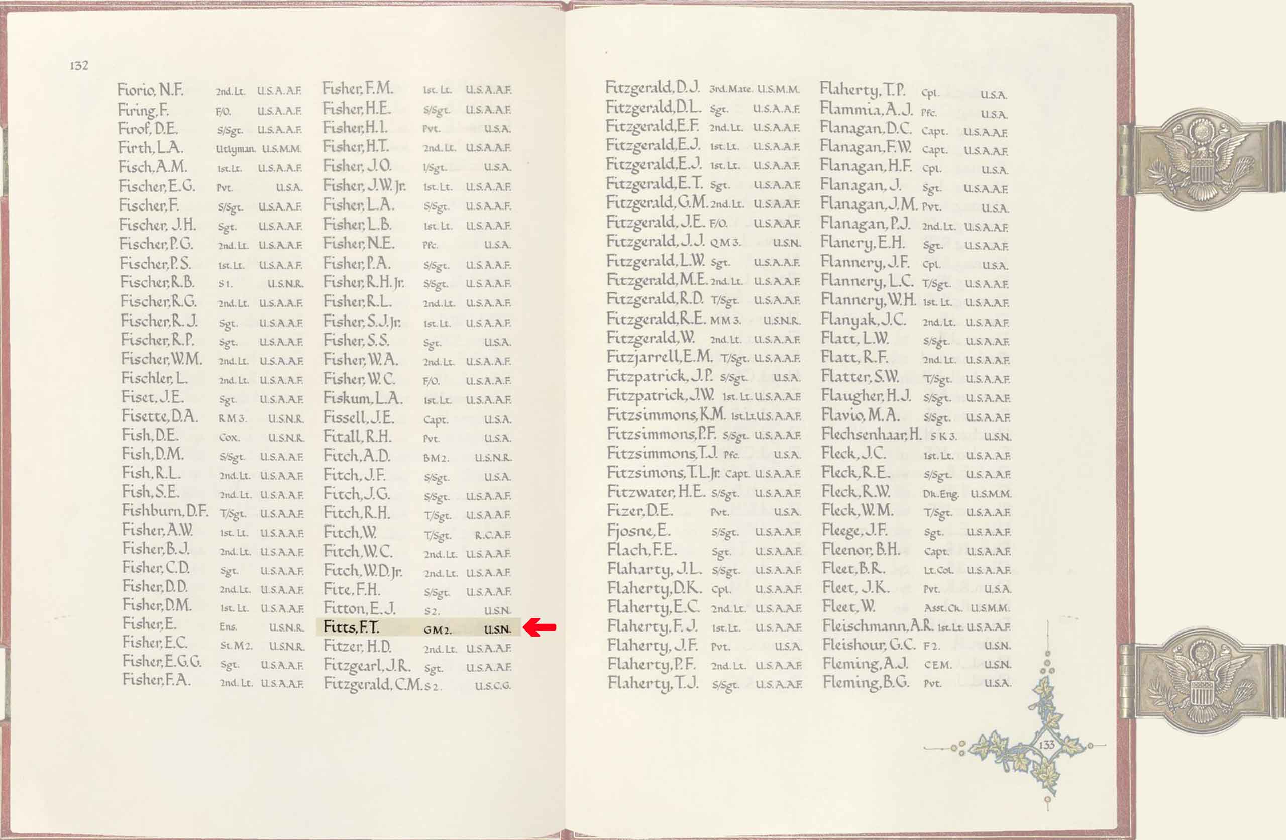 Image of the American Memorial Chapel Book entry for F T Fitts.