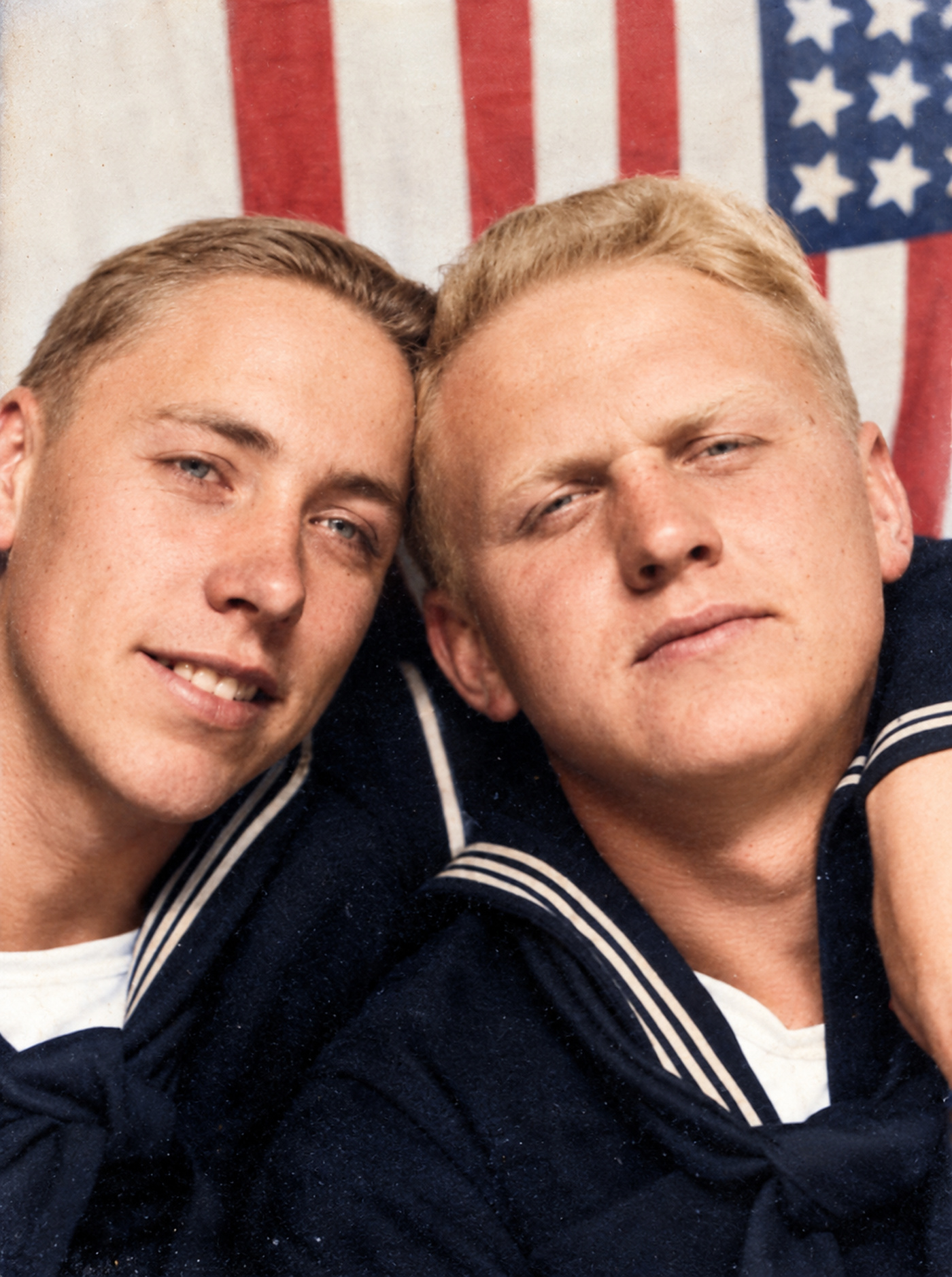 A colourised and restored image of Felton Fitts and Paul Juskelis(?).