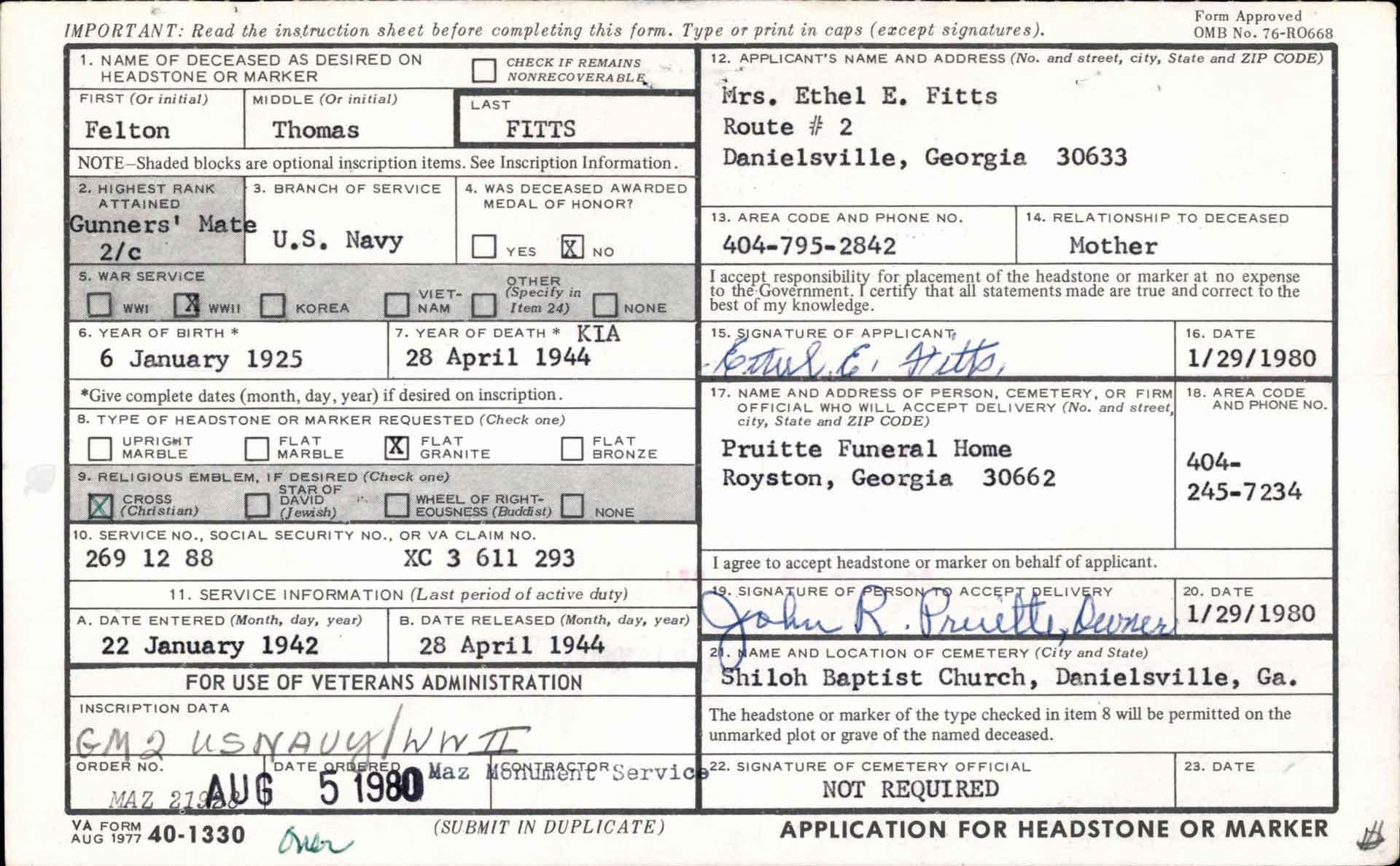 Application for a headstone or marker for Felton Thomas Fitts.