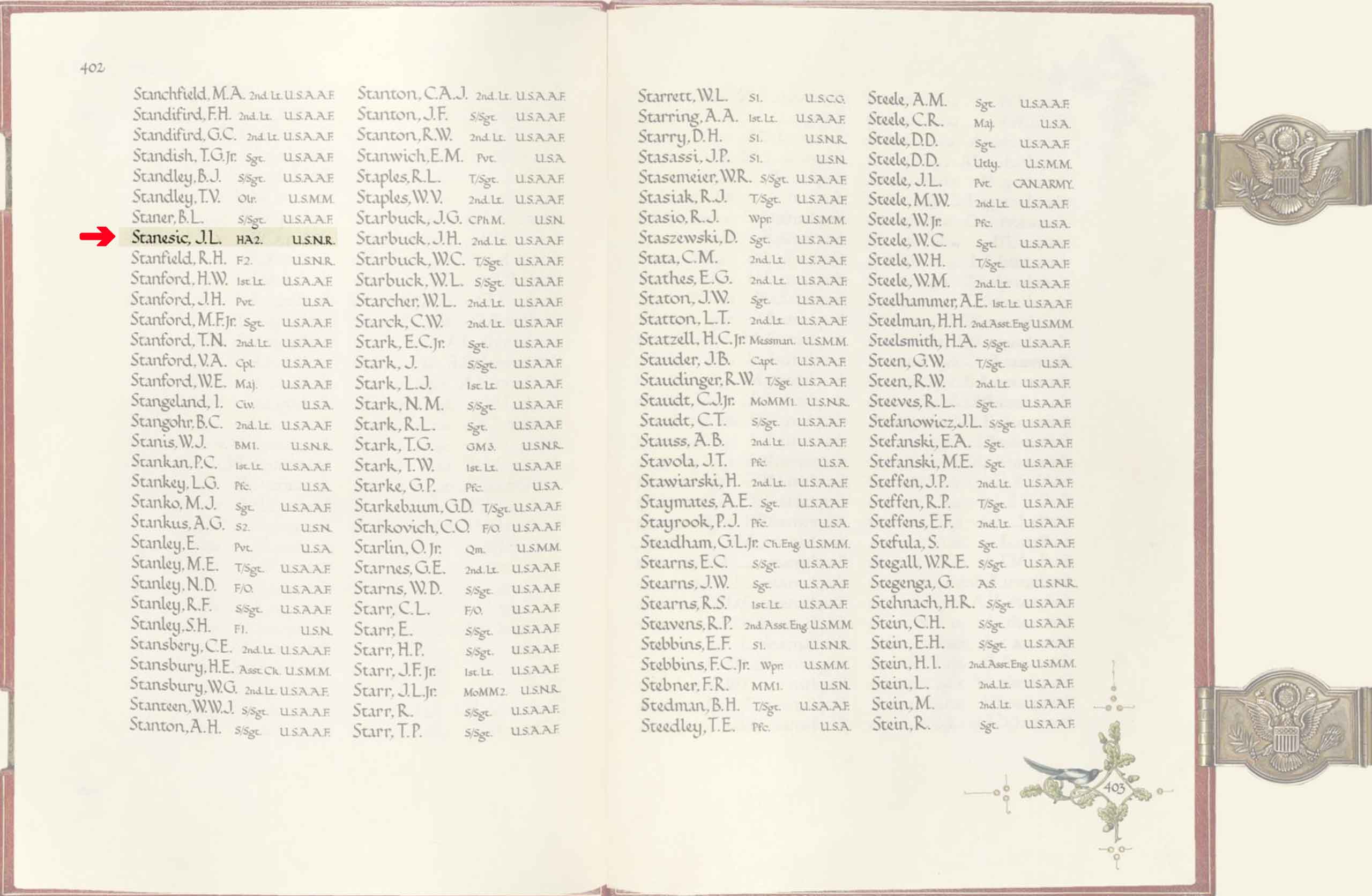 Image of the American Memorial Chapel Book entry for John Lawrence Stanesic.