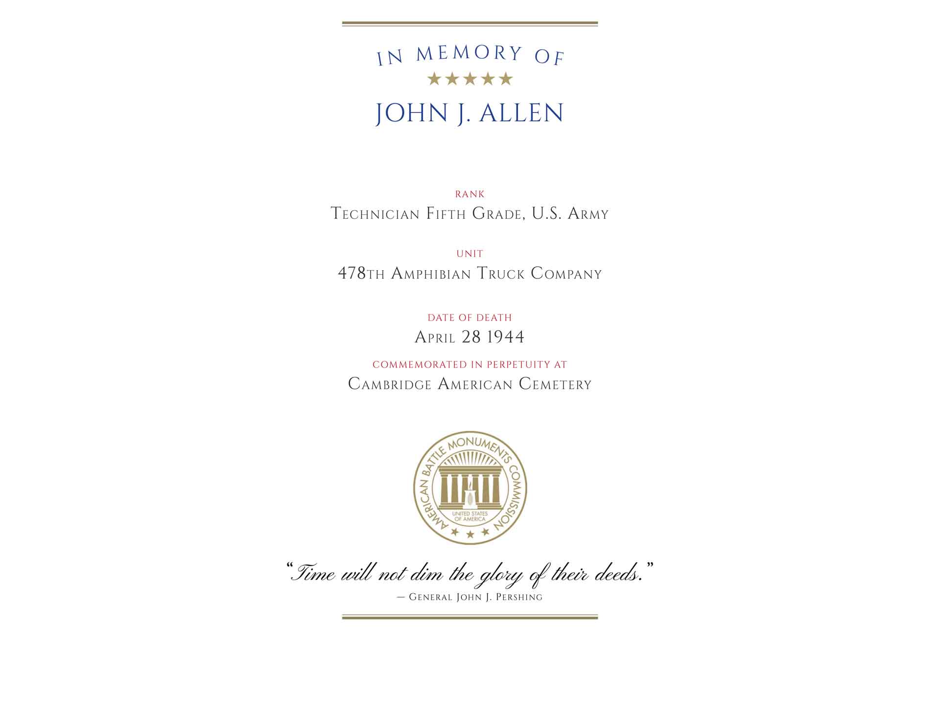Technician Fifth Class John J. Allen's ABMC Memorial Certificate.
