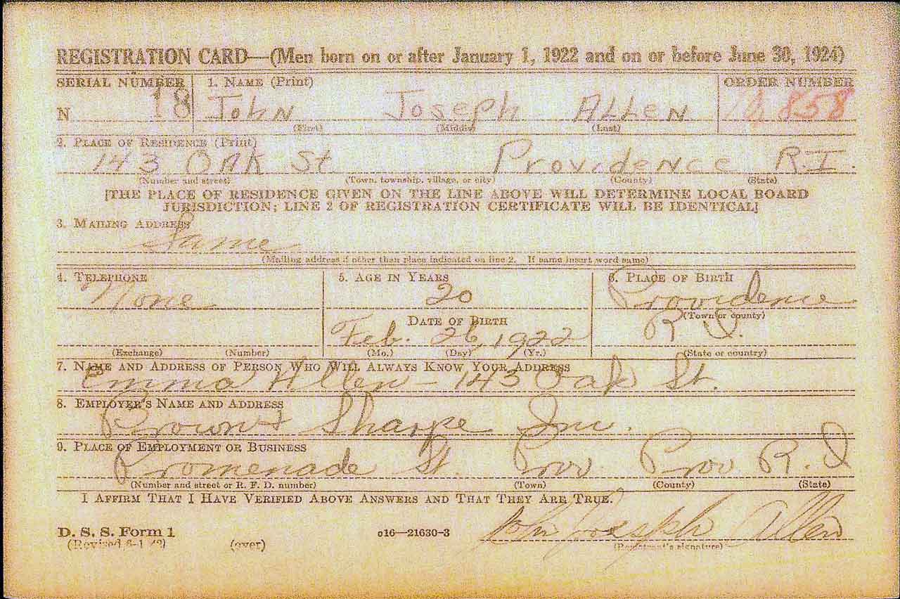 Technician Fifth Class John J Allen's Registration Card.
