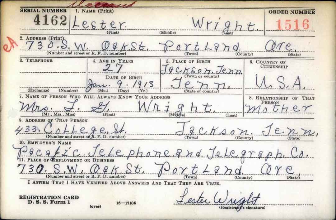 Second Lieutenant Lester G. Wright, Jnr. enlistment record card.