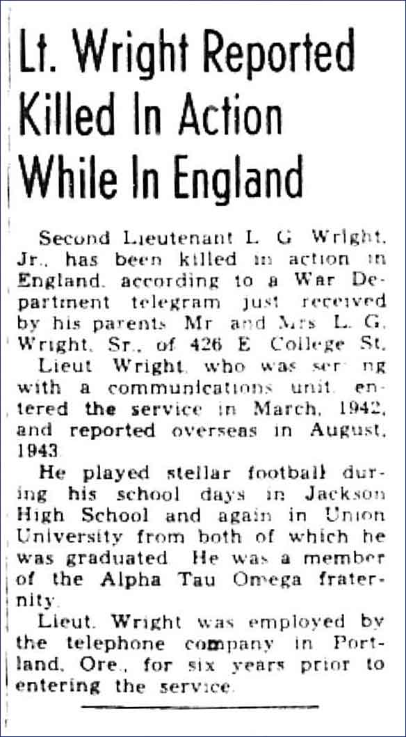 Newspaper article about the death of Second Lieutenant Lester G. Wright, Jnr.