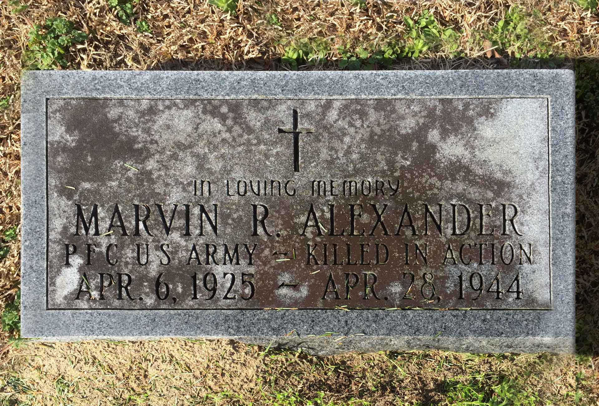 Image of Marvin Ralph Alexander's memorial headstone in Beaver Hill Cemetery, Edenton, Chowan County, North Carolina, USA.