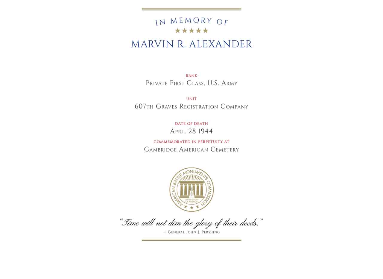 Image of Marvin Ralph Alexander's ABMC Memorial Certificate.