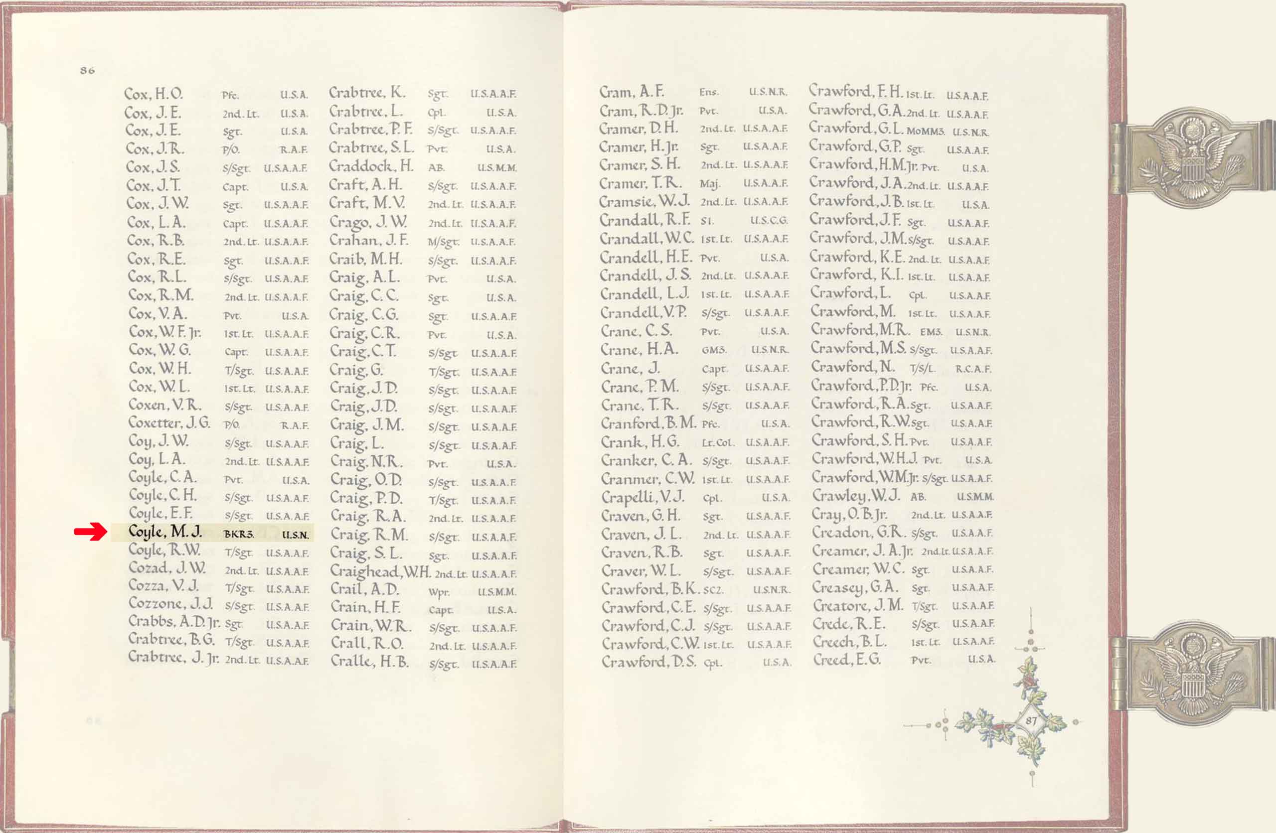 American Memorial Chapel Book entry for Baker, Third Class, Michael J. Coyle.