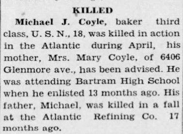 News article announcing the death of Michael J. Coyle, Baker Third Class.