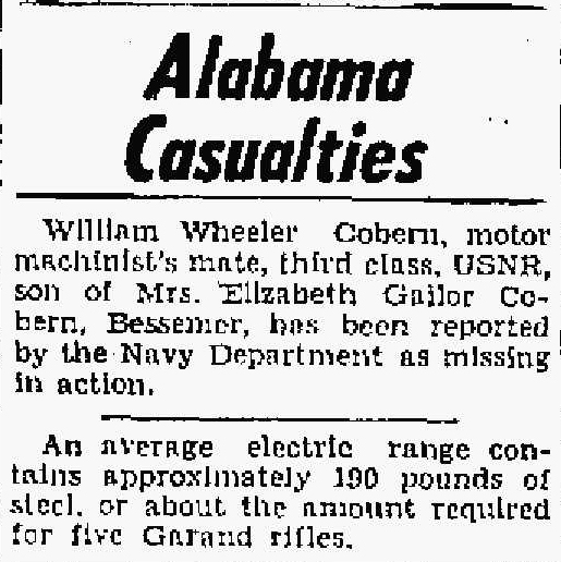 Alabama Anniston Star news article about Motor Machinist's Mate Third Class William Wheeler Cobern is reported missing.
