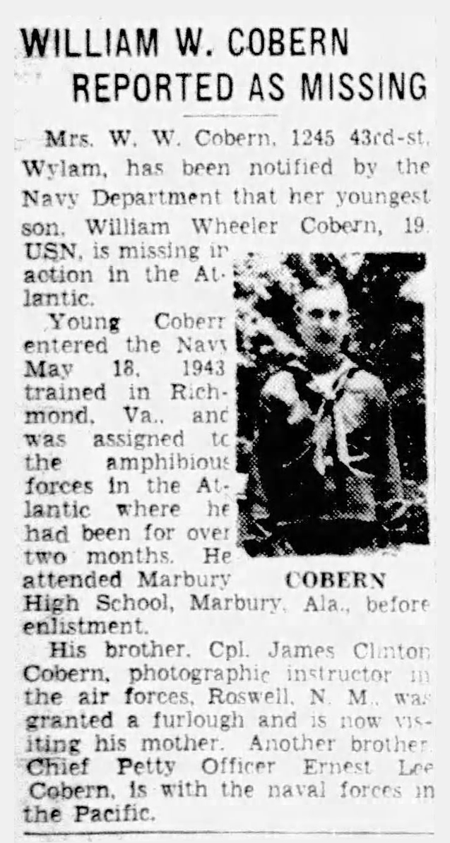 News article reporting Motor Machinist's Mate Third Class William Wheeler Cobern is reported missing.