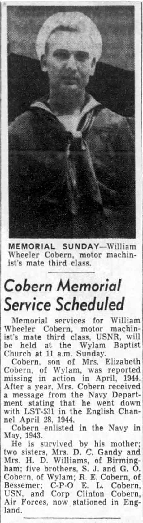 News article about the memorial service for Motor Machinist's Mate Third Class William Wheeler Cobern.