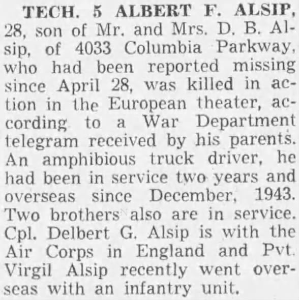 Newspaper article from The Cincinnati Post
Cincinnati, OH USA
Wed, Aug 16, 1944.